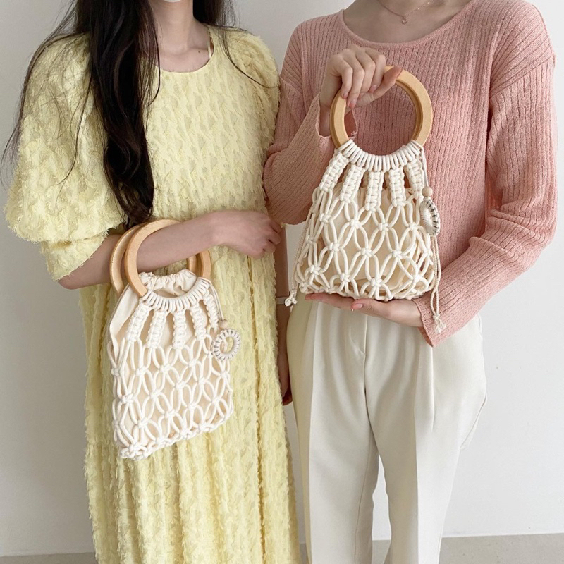Túi Xách Nữ  Cầm Tay, Túi Xách Tay Bằng Cotton, Túi Xách Quai Nhựa Cầm Tay Handmade, Túi Xách Macrame Quai Gỗ