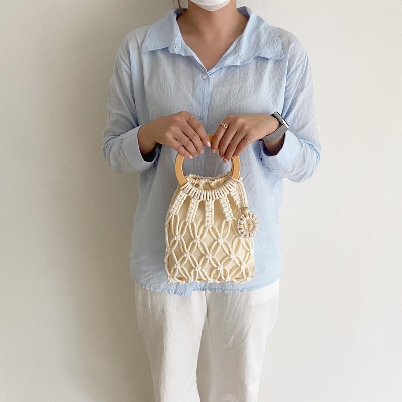 Túi Xách Nữ  Cầm Tay, Túi Xách Tay Bằng Cotton, Túi Xách Quai Nhựa Cầm Tay Handmade, Túi Xách Macrame Quai Gỗ