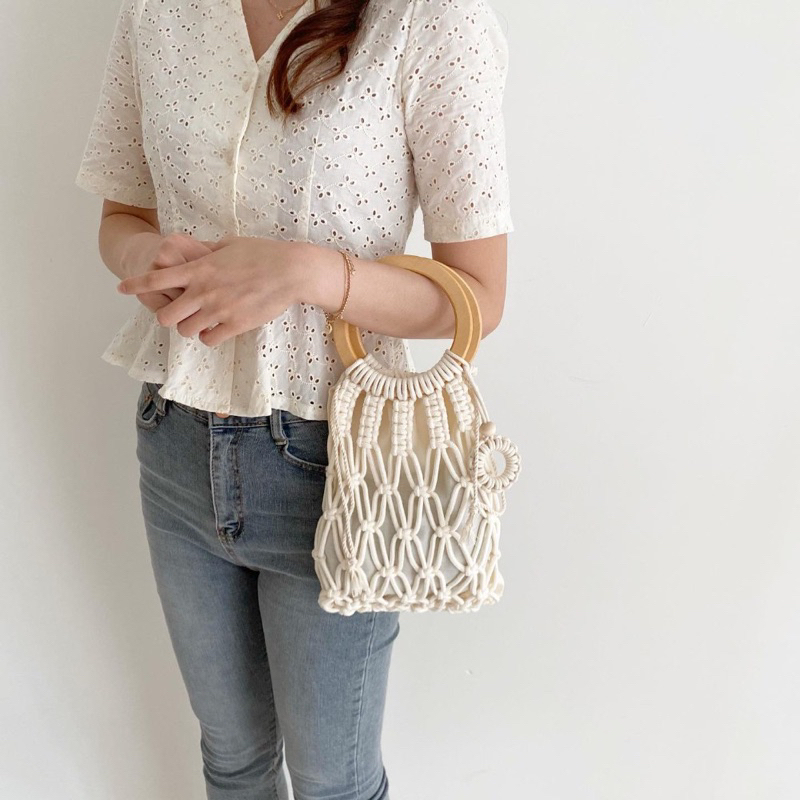 Túi Xách Nữ  Cầm Tay, Túi Xách Tay Bằng Cotton, Túi Xách Quai Nhựa Cầm Tay Handmade, Túi Xách Macrame Quai Gỗ