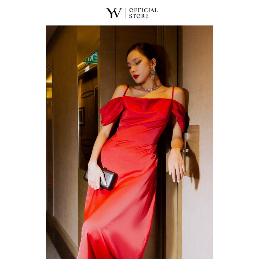 Đầm dây trễ vai quyến rũ - Đỏ YV LE & CO vải lụa satin cao cấp sang trọng