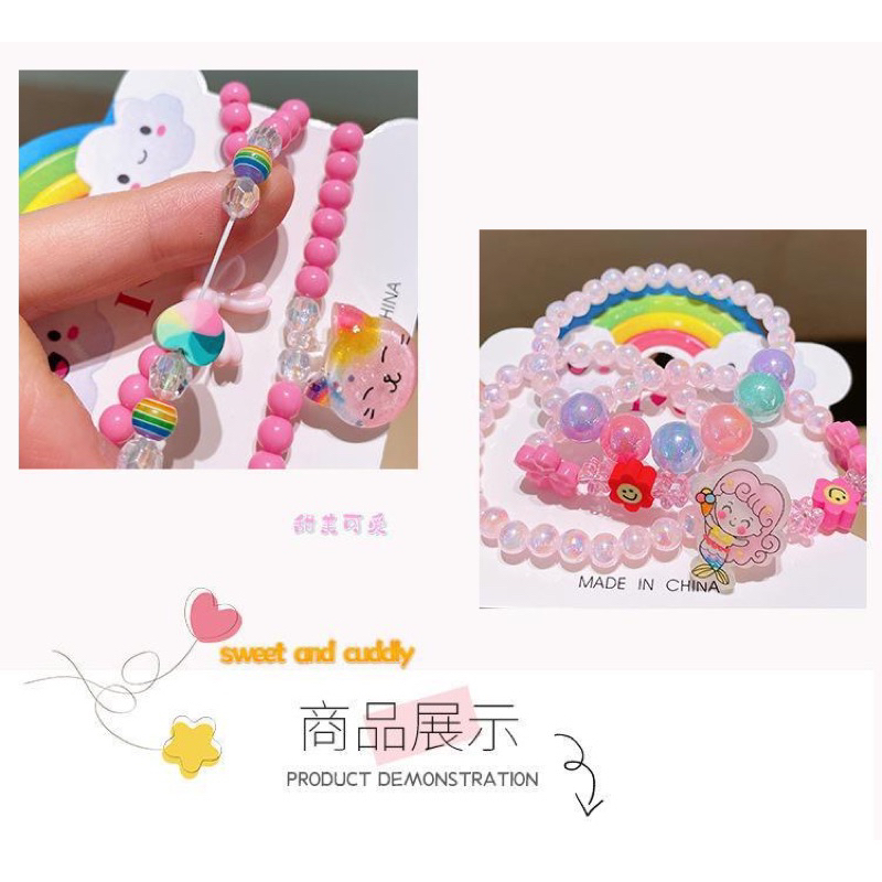 Set 3 vòng tay công chúa hạt chuỗi màu sắc dễ thương cho bé gái