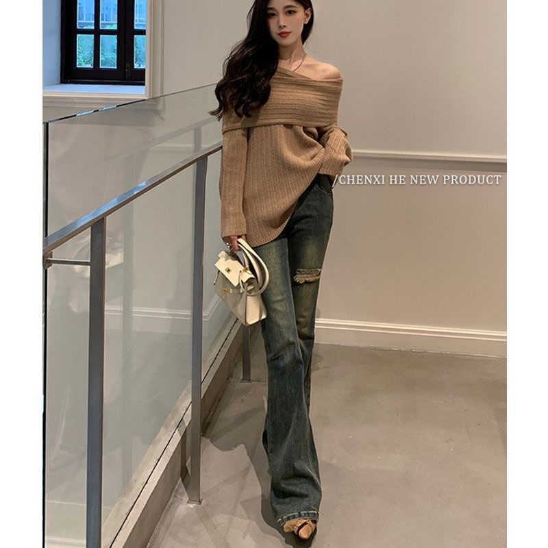 Quần jean ống loe rách , Quần bò loe rách đùi lưng cao phong cách girl phố 2023 S01