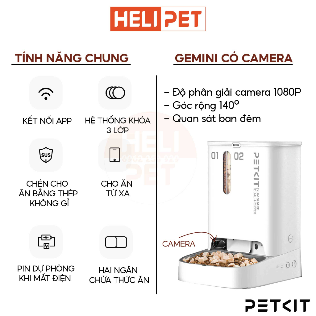 [BH 12 Tháng, CAMERA] Máy Nhả Hạt Tự Động Cho Chó Mèo PETKIT Gemini YumShare Camera Có Hai Ngăn Dung Tích 5 Lít- HeLiPet