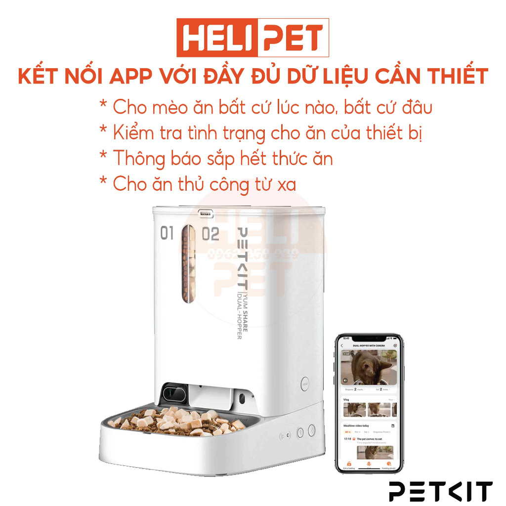 Máy Cho Chó Mèo Ăn Tự Động PETKIT Gemini 2024 YumShare Có Camera Kết Nối Wifi, Hai Ngăn, Dung Tích 5 Lít