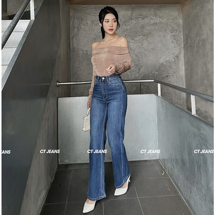 Quần jean ống rộng nữ basic lưng cao dáng dài quá gót chất liệu co giãn CP27, CT JEANS