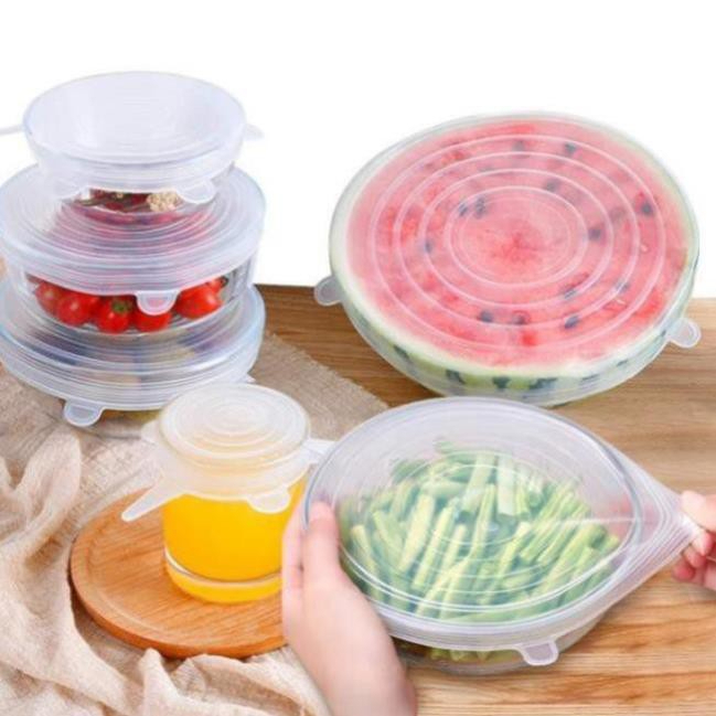 Bộ 6 Miếng Silicone Bọc Thực Phẩm Cao Cấp - Sét 6 Nắp Đậy Màng Silicon Bảo Quản Thức Ăn Dày Dặn Độ Co Giãn Tốt