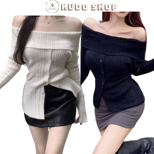 Áo len trễ vai kèm cúc, Áo thun nữ tay dài có thể xẻ tà tiểu thư quyến rũ hiện đại trẻ trung Kudhoshop