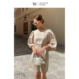 Đầm lửng tay dài bo chun kèm belt - yv le & co