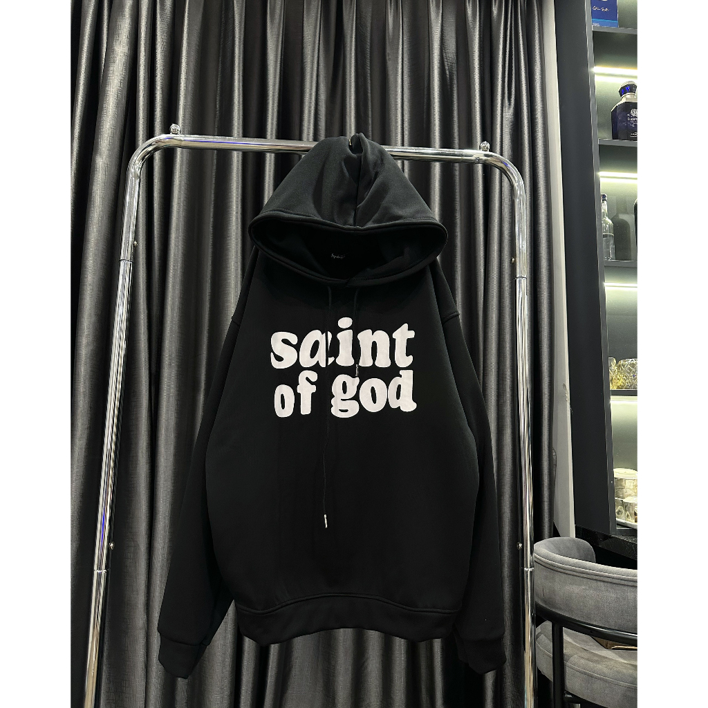 Áo hoodie form rộng unisex màu đen in chữ Saint of god chất liệu nỉ bông mịn ấm áp