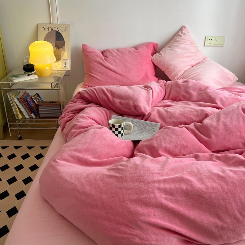 Bộ chăn ga nỉ nhung sữa  HLHOME phối màu, siêu mềm mại, đơn giản
