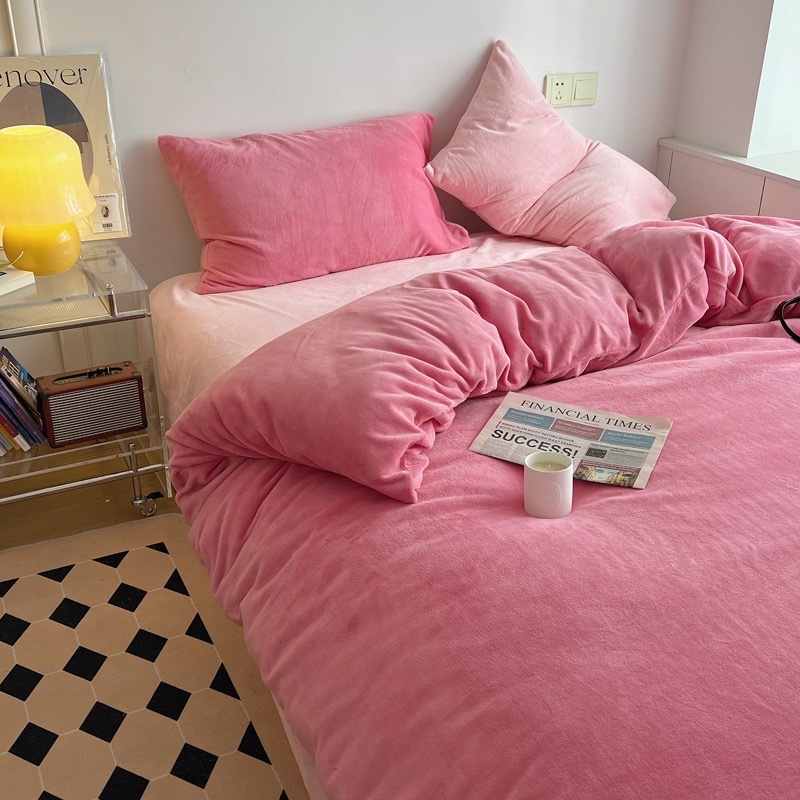 Bộ chăn ga nỉ nhung sữa  HLHOME phối màu, siêu mềm mại, đơn giản