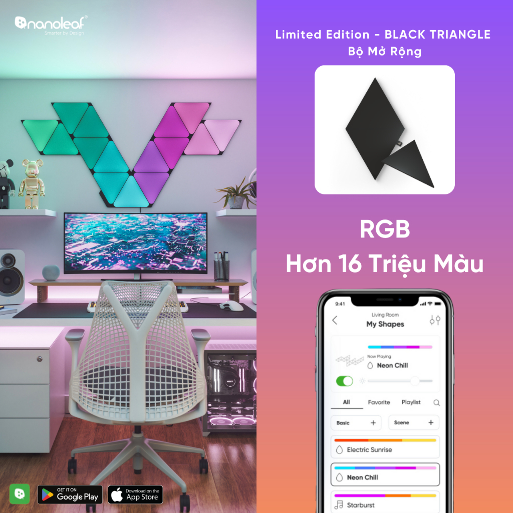 [LIMITED] Đèn LED RGB lắp ghép thông minh Nanoleaf Shapes Ultra Black Tam Giác 3 ô đèn (Bộ mở rộng)