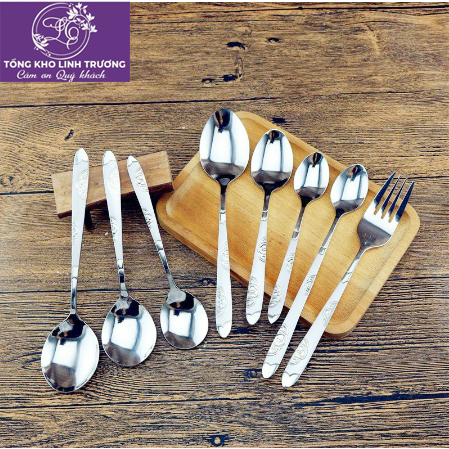 Thìa Inox Cán Hoa Văn Sáng Đẹp Dày Dặn Nhiều Kích Cỡ - cafe , nhỡ , to ăn cơm , dài khấy nước