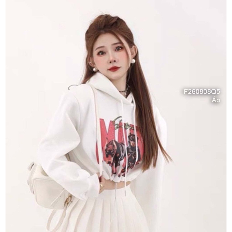 Áo hoodie croptop tay dài bo có nón in hình lai dây rút