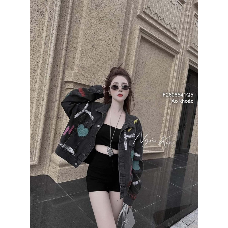 Áo khoác jean tay dài cổ bẻ phẩy sơn siêu chất, áo bò nữ