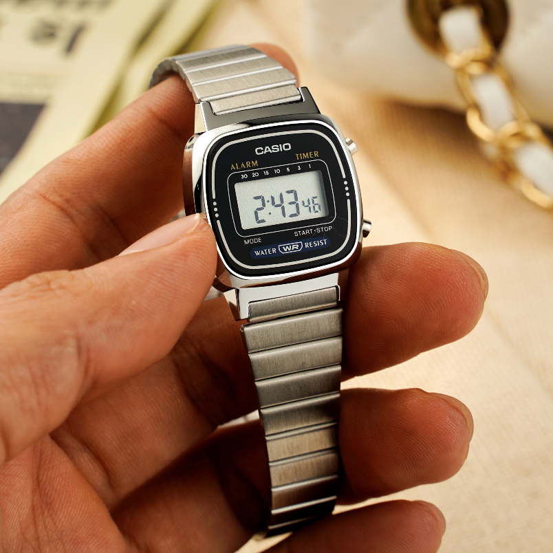 Đồng hồ đôi nam nữ điện tử Casio A158WA/LA670WA dây kim loại chính hãng