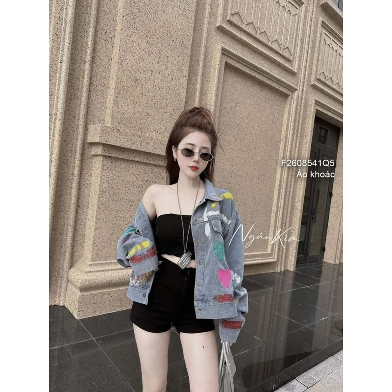 Áo khoác jean tay dài cổ bẻ phẩy sơn siêu chất, áo bò nữ