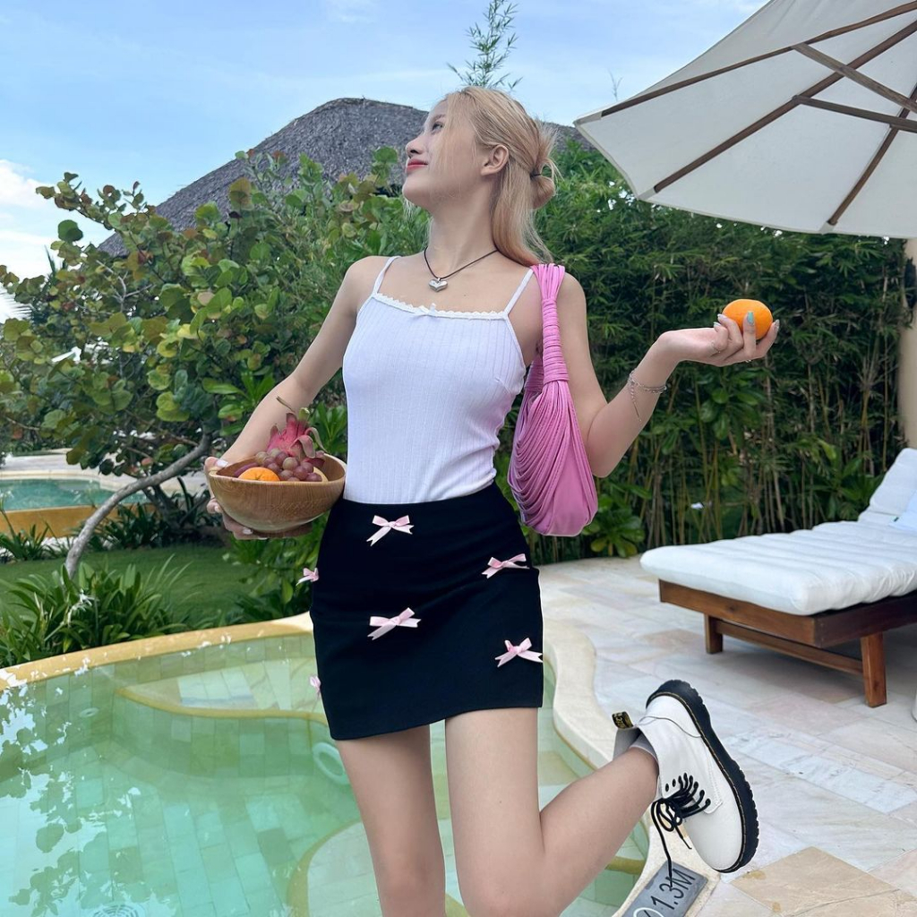 Áo 2 dây Kill System Aloha cami màu trắng đính nơ viền ren chất thun co giãn