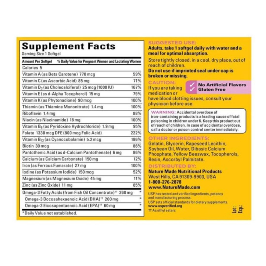 Vitamin tổng hợp cho bà bầu Nature Made Prenatal Folic Acid+DHA 150 viên bổ sung tất cả vitamin, khoáng chất thiết yếu