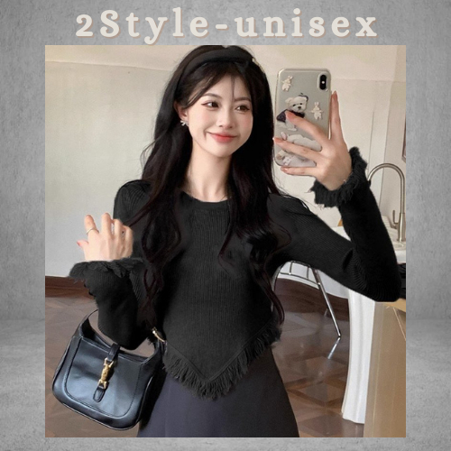 Áo dáng ngắn vạt nhọn tua rua, Croptop nữ cổ tròn phong tay dài form ôm cá tính cách ulzzang 2style_unisex