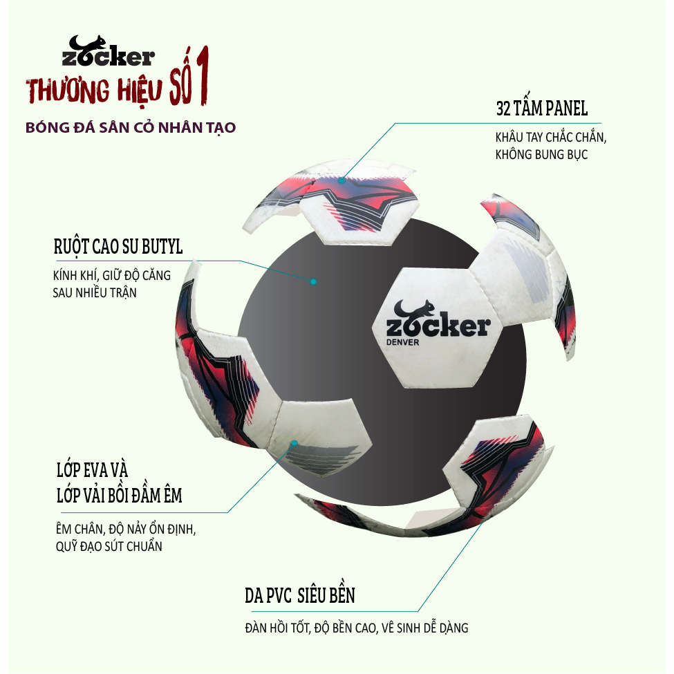 Quả bóng đá sân cỏ nhân tạo, quả bóng đá  Zocker Denver ZK4-D2304, Tặng kèm túi lưới và kim bơm