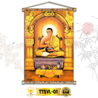 Tranh phật treo tường thánh tăng sivali chân thiện mỹ, chất liệu vải lụa kim sa khung gỗ 40x60cm ttsvl-01