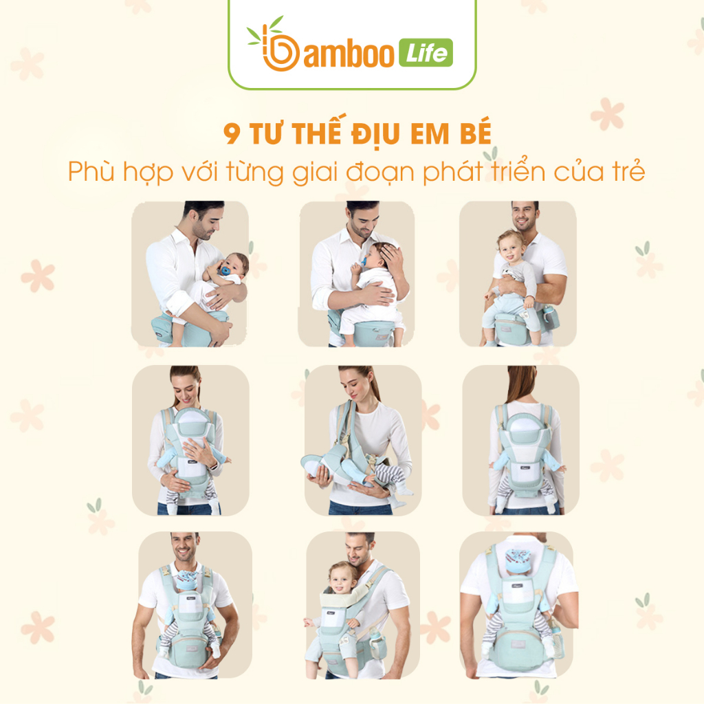 Địu em bé, địu em bé sơ sinh Bamboo Life chính hãng có trợ lực nhiều tư thế có đỡ cổ chống gù cho bé từ 0-36 tháng