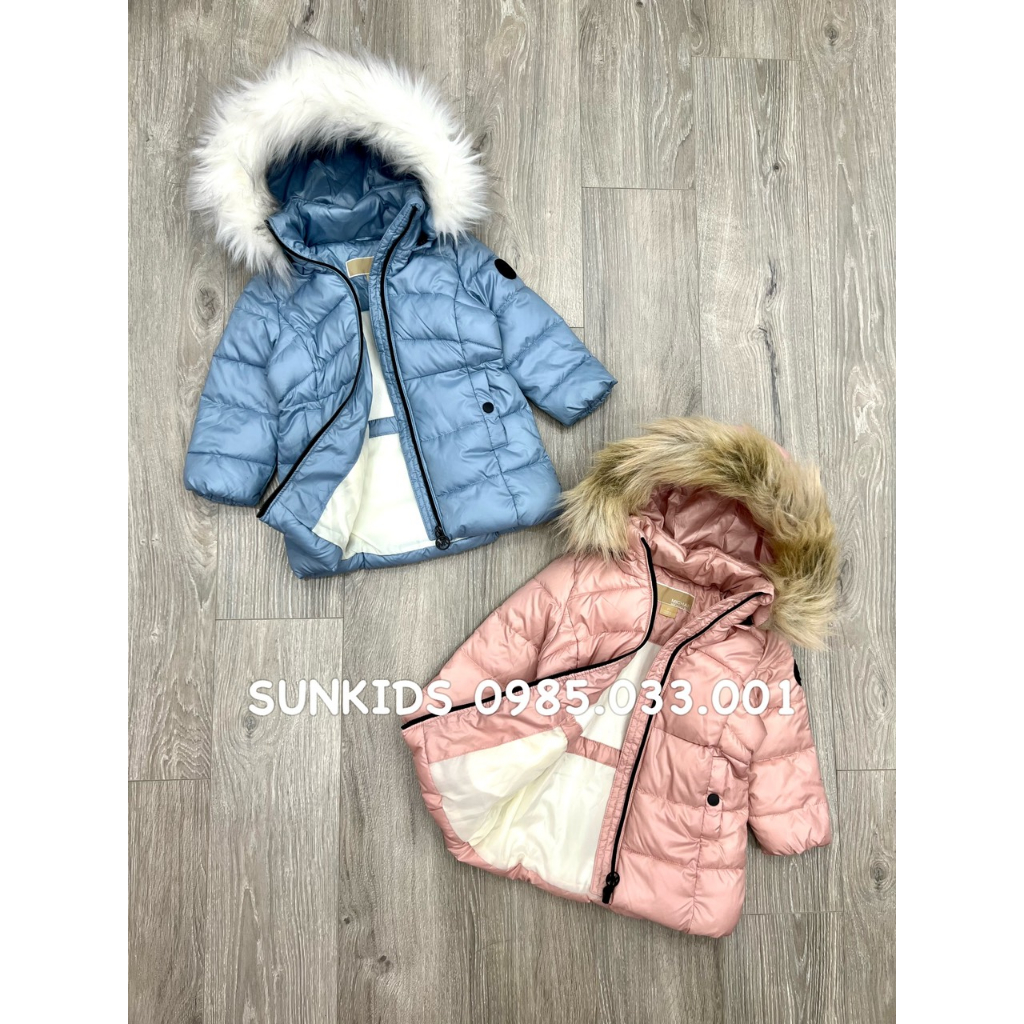 Áo phao bé gái MK dáng dài mũ lông