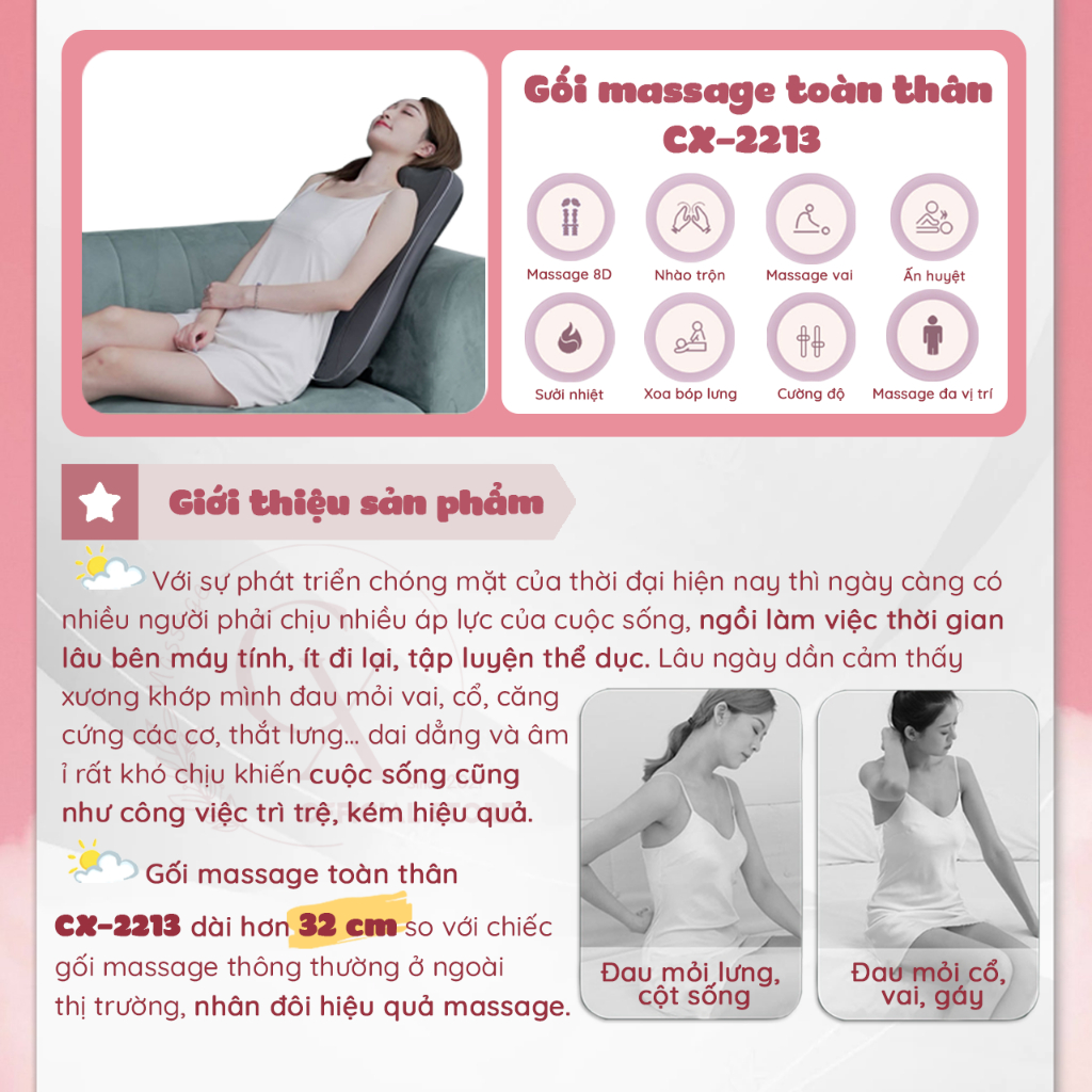 Gối Massage Hồng Ngoại Đa Năng - CX2213 - Đầu Massage Cải Tiến, Con Lăn 4D