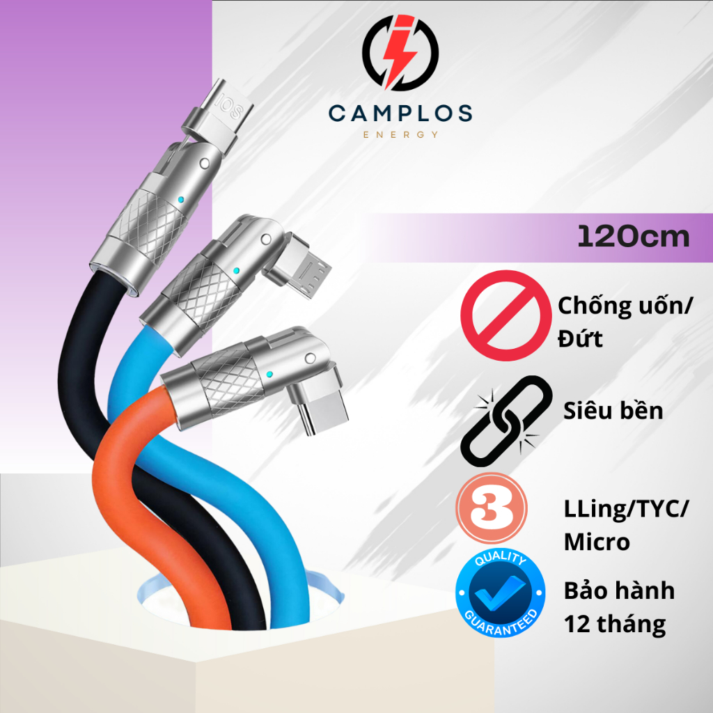 Cáp sạc nhanh chống uốn 120W cáp sạc điện thoại và máy tính bảng bọc silicone đầu xoay 180 dài 120cm