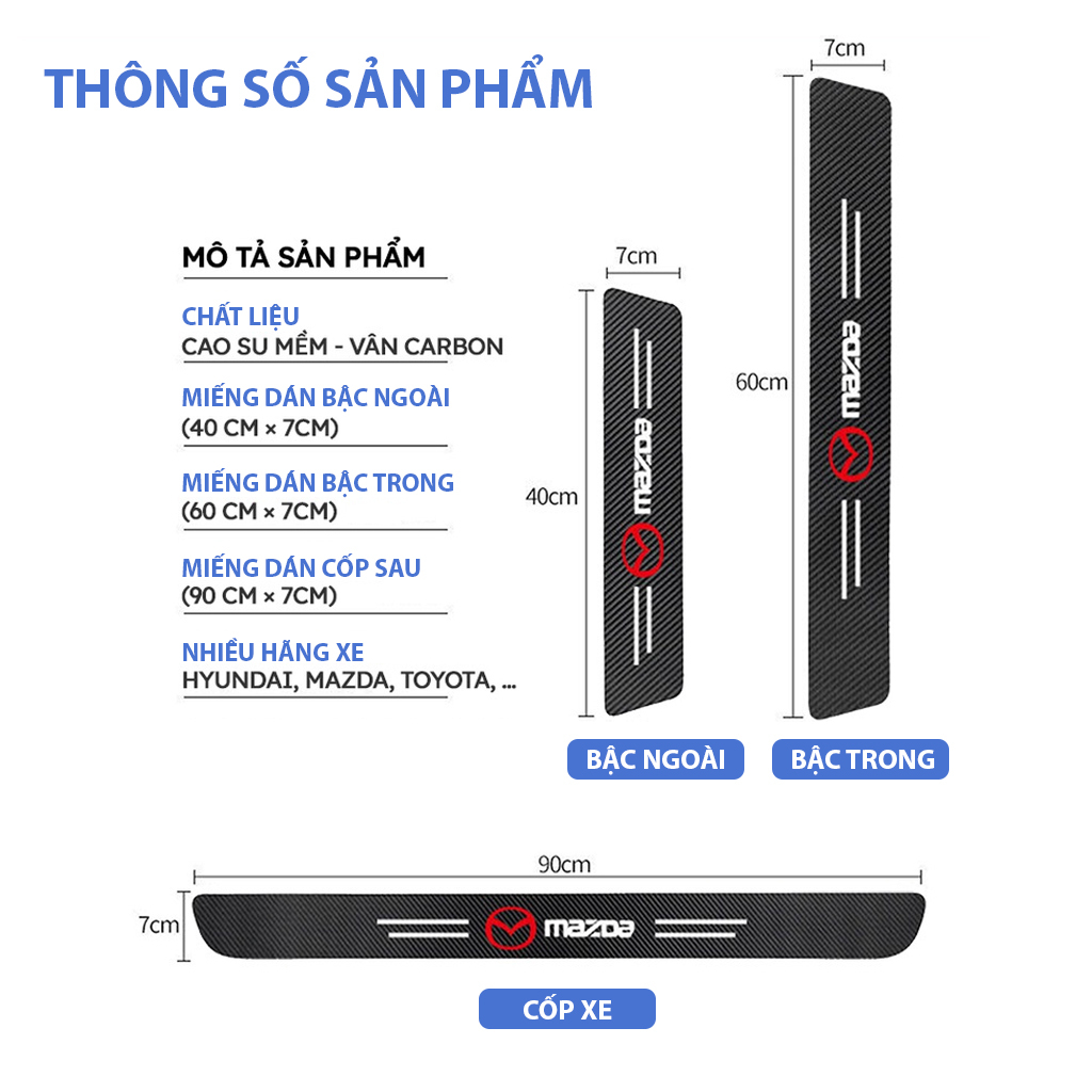 Miếng decal cacbon dán chống trầy xước bậc cửa lên xuống và cốp xe ô tô Toyota Camry,Vios,Wigo,Fortuner,Innova,Veloz