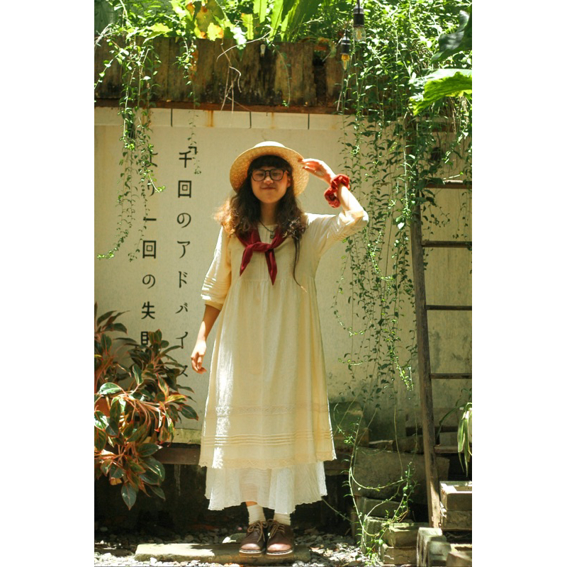 Váy Cổ Tròn Tay Phồng Phối Ren Hội Vintage/Mori Vui Thu Đông Xinh