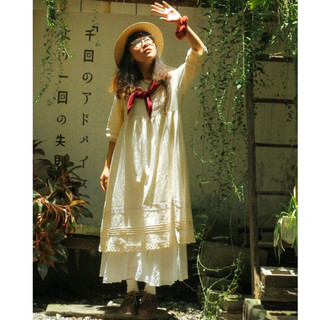  Váy Cổ Tròn D2216 Tay Phồng Phối Ren Hội Vintage Mori Vui Thu Đông 