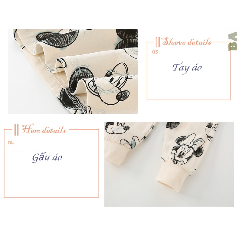ĐỒ BỘ QUẦN ÁO 100% COTTON DÀI TAY MALWEE CỔ TRÒN CHO BÉ GÁI TRẺ EM MẶC NHÀ HOẠ TIẾT 🐹 MICKEY SIZE ĐẠI