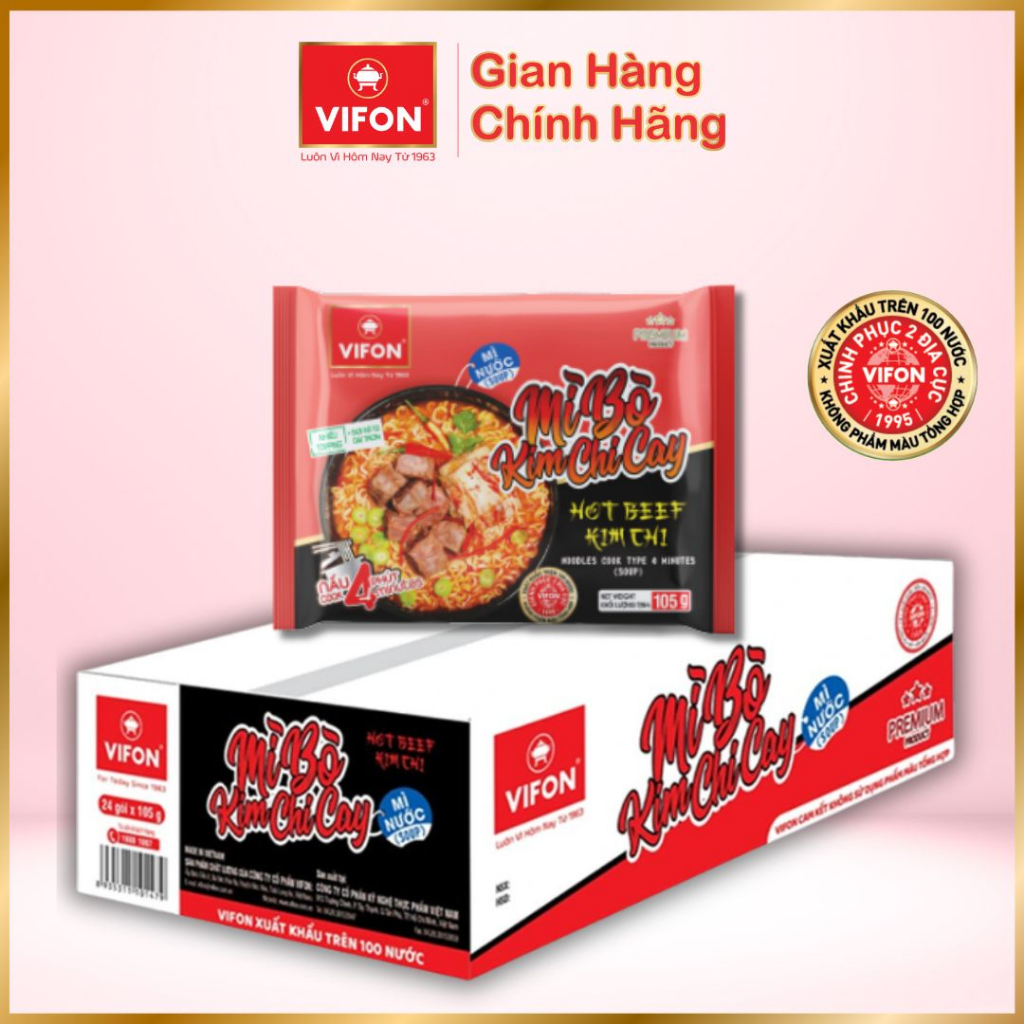 Thùng 24 gói Mì Bò Kim Chi Cay VIFON 105g / Gói