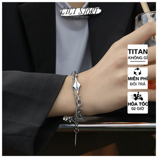 Vòng Tay Nam Thép Titan Cao Cấp Mặt Tứ Giác Đính Đá Phong Cách Thời Trang Cá Tính Cool Ngầu CICI