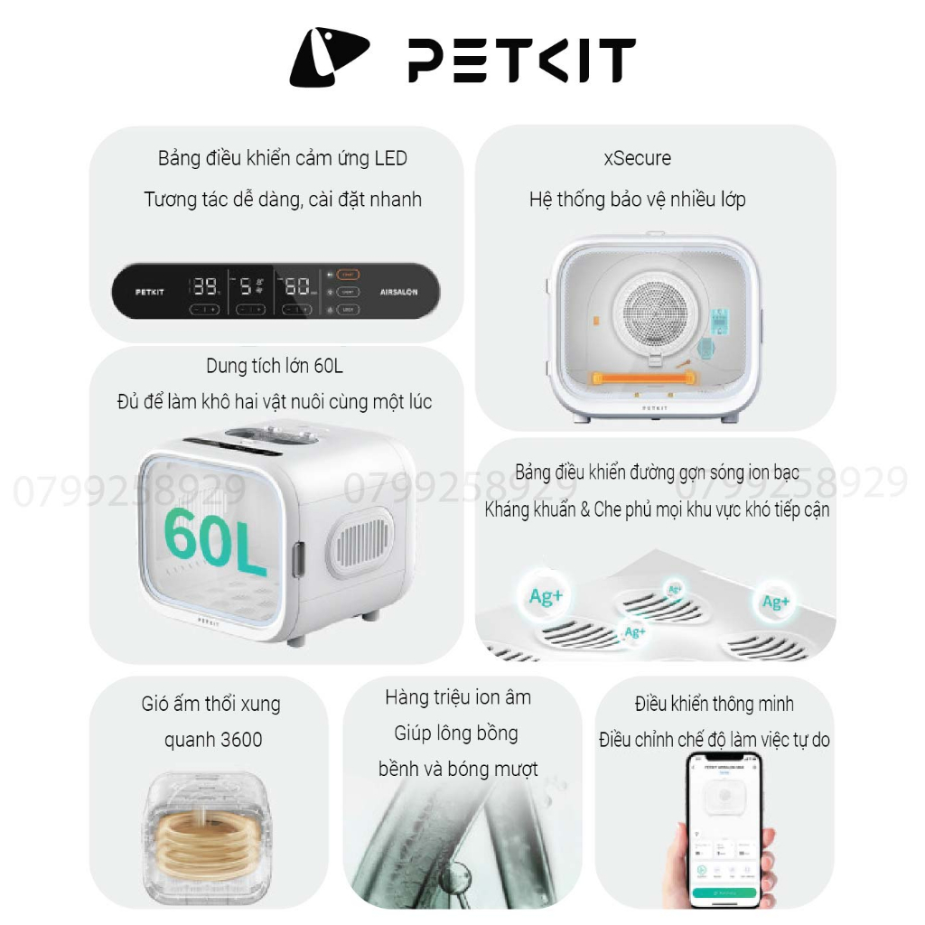 Lồng Sấy Lông Chó Mèo Petkit AirSalon Max Cao Cấp, Máy Sấy Nhanh, Mượt Lông