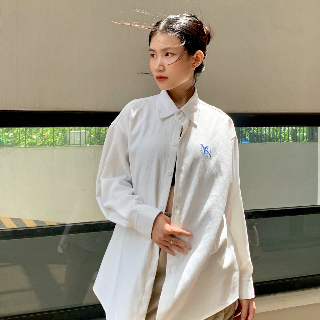 Áo Sơ Mi Nam Nữ, Sơ Mi Nhung Tăm Thêu Logo MNS Tay Dài Form Rộng