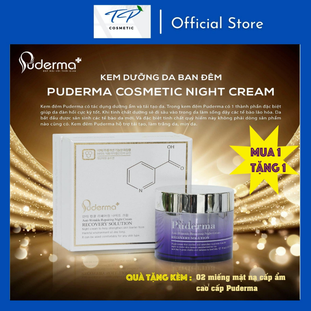 Kem Dưỡng Da Ban Đêm Puderma Anti-Wrinkle Repairing Night Cream 50ml: cấp ẩm, tái tạo da, căng cơ