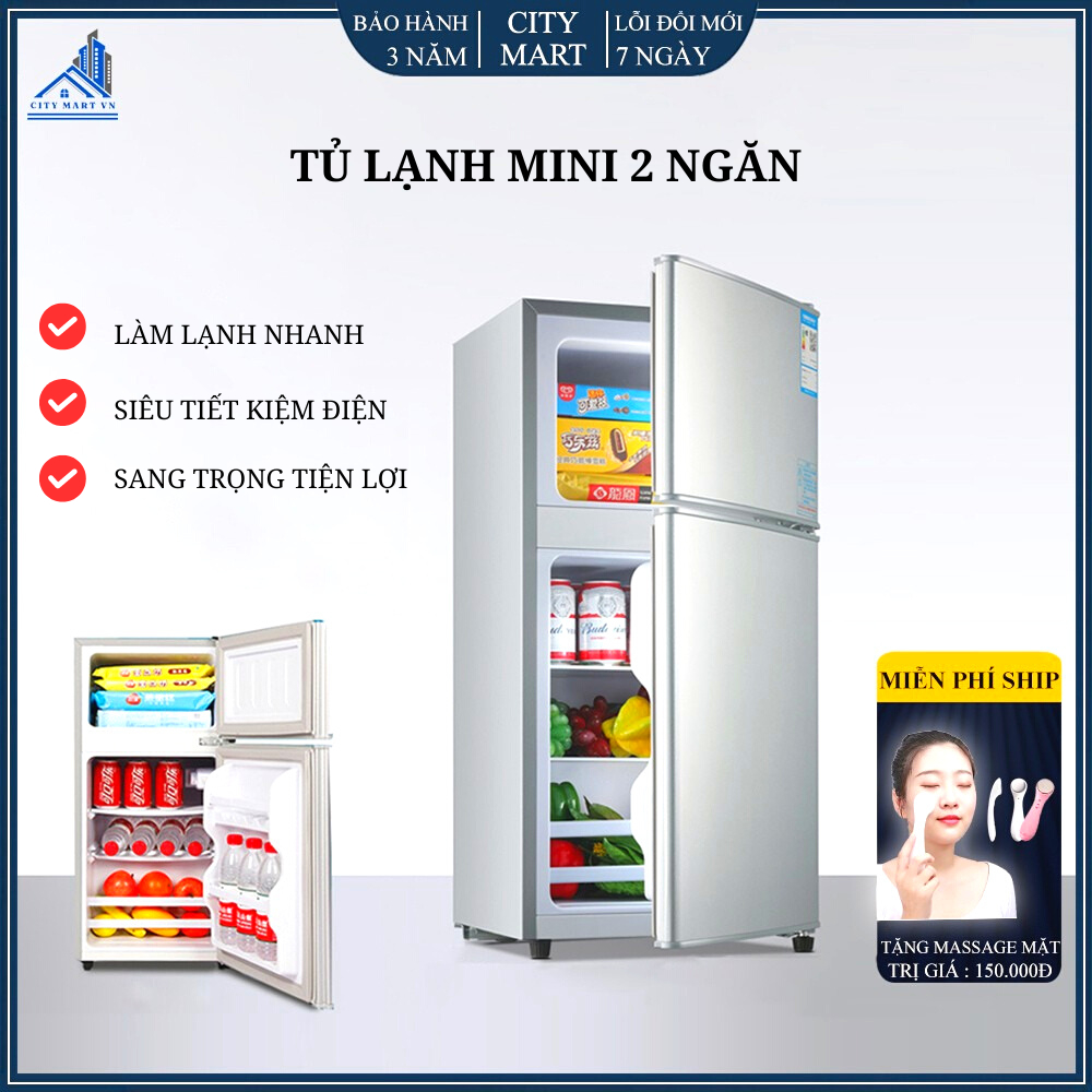 Tủ lạnh mini 2 cánh có tích hợp ngăn đá riêng biệt tiện lợi để đồ ăn thức uống mĩ phẩm, thích hợp với gia đình nhỏ
