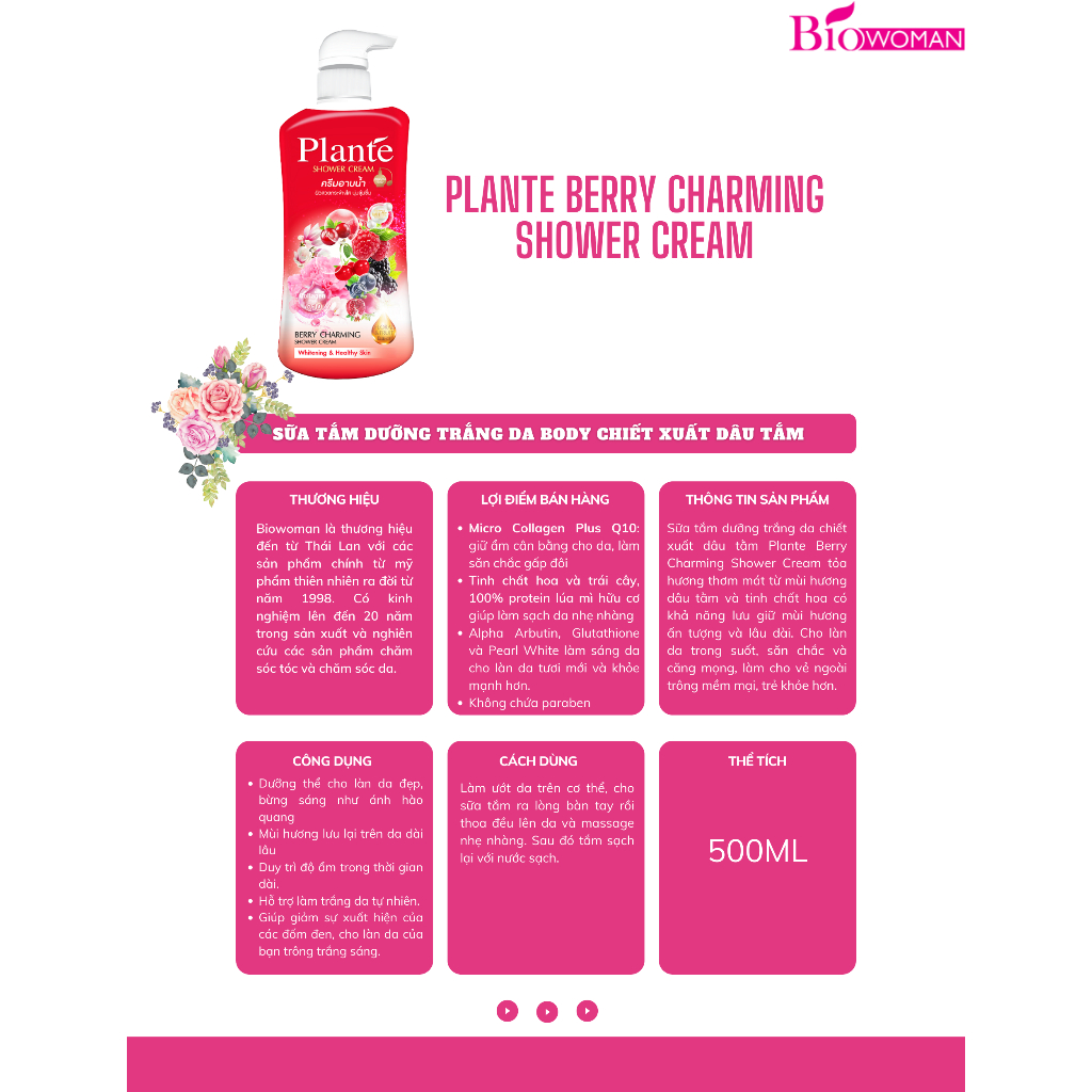 Sữa tắm dưỡng trắng da Plante Shower Cream hương nước hoa giúp dưỡng ẩm sáng da mịn màng 500ml