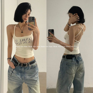 (SẴN) Áo croptop 2 dây cổ yếm đan chéo sau hở lưng hoạ tiết chữ chất thun cotton co giãn thoáng mát màu be AHDY001