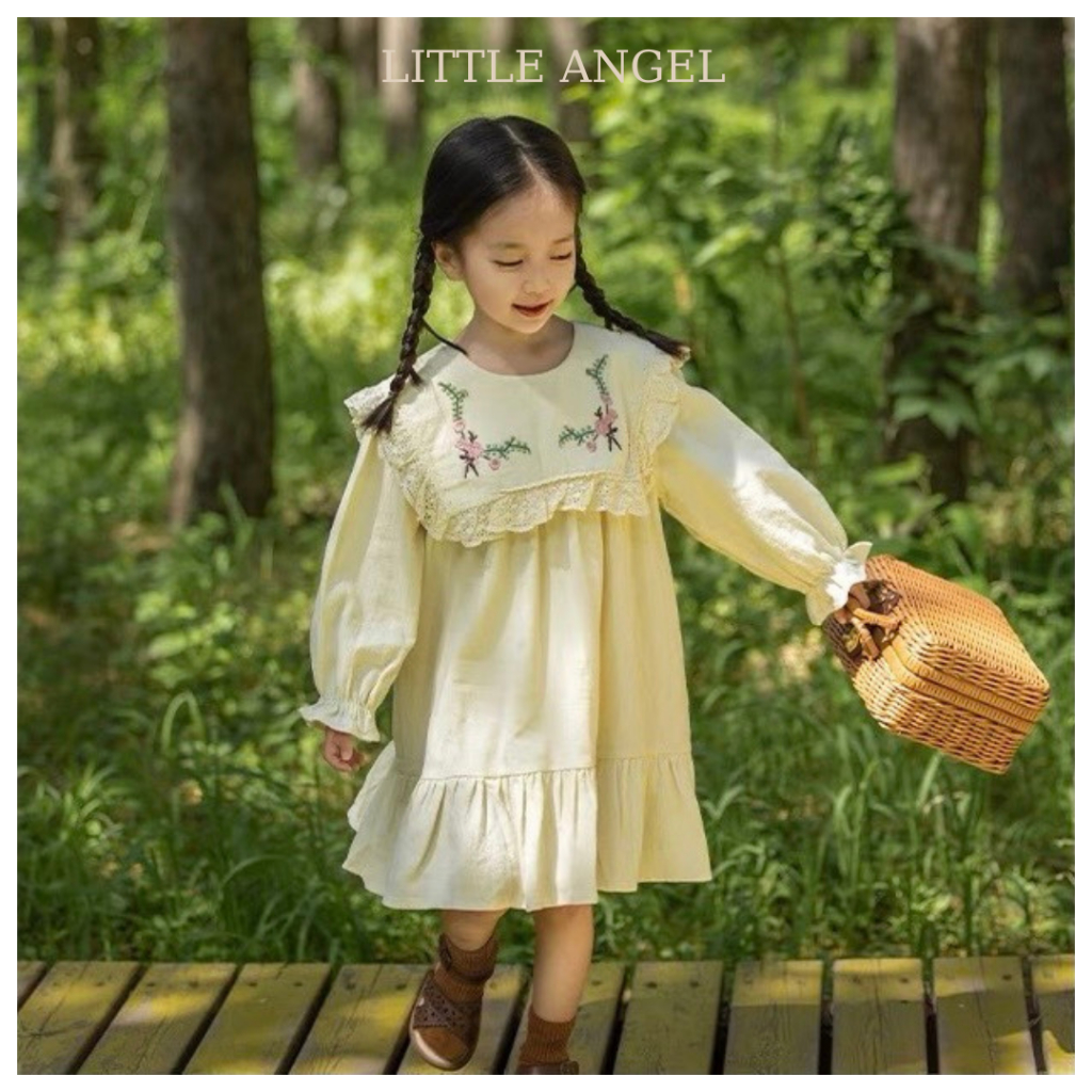 Váy đầm thiết kế thêu hoa mùa thu phong cách tiểu thư đáng yêu cho bé gái size 10-40kg