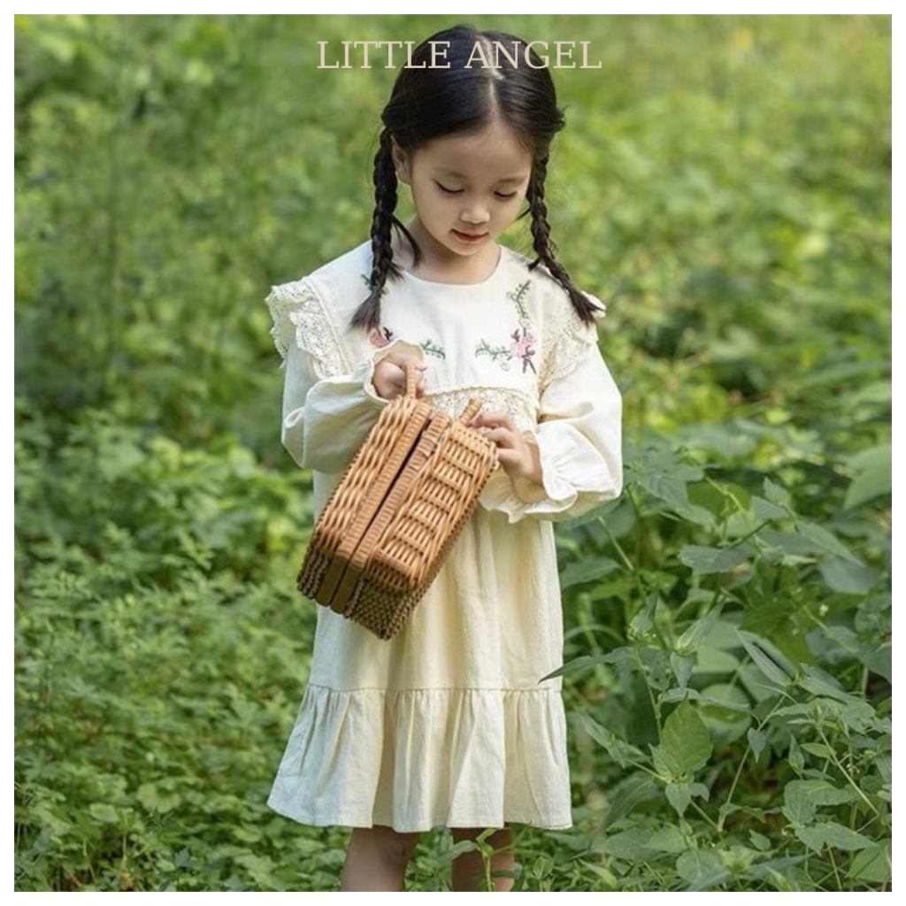 Váy đầm thiết kế thêu hoa mùa thu phong cách tiểu thư đáng yêu cho bé gái size 10-40kg