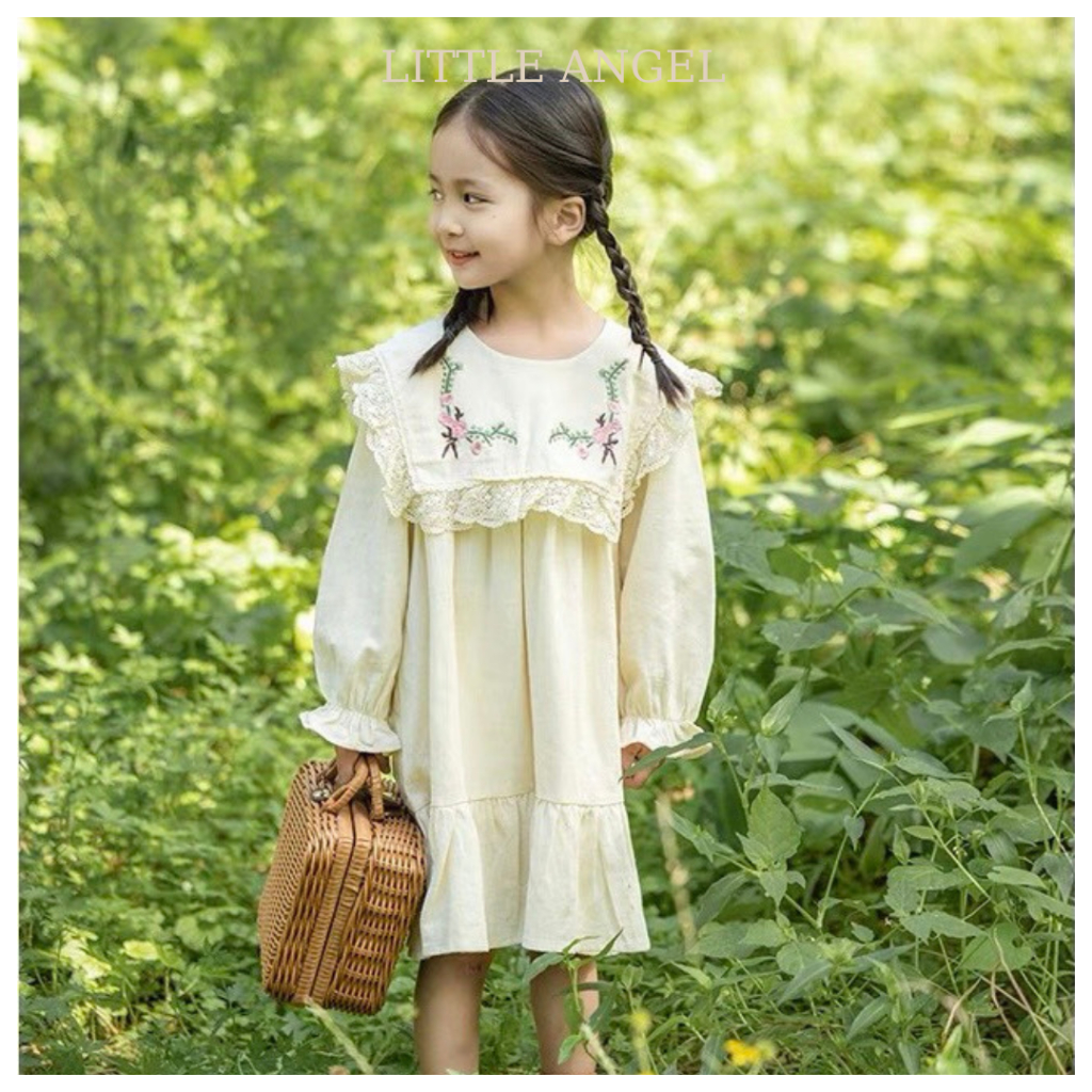 Váy đầm thiết kế thêu hoa mùa thu phong cách tiểu thư đáng yêu cho bé gái size 10-40kg