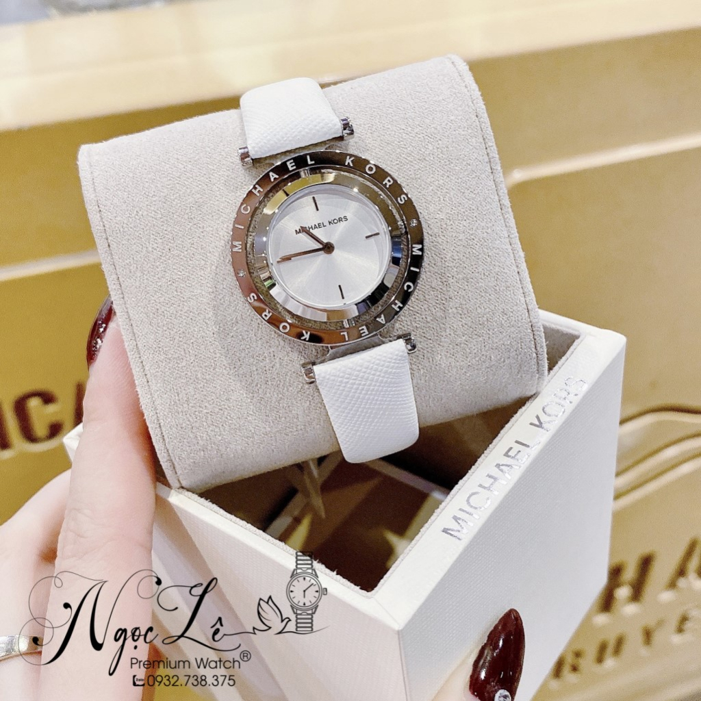 Đồng Hồ Nữ Michael Kors MK2524 Dây Da Trắng Mặt Xoay 33mm