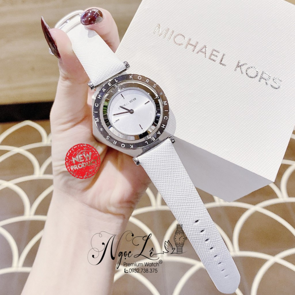 Đồng Hồ Nữ Michael Kors MK2524 Dây Da Trắng Mặt Xoay 33mm
