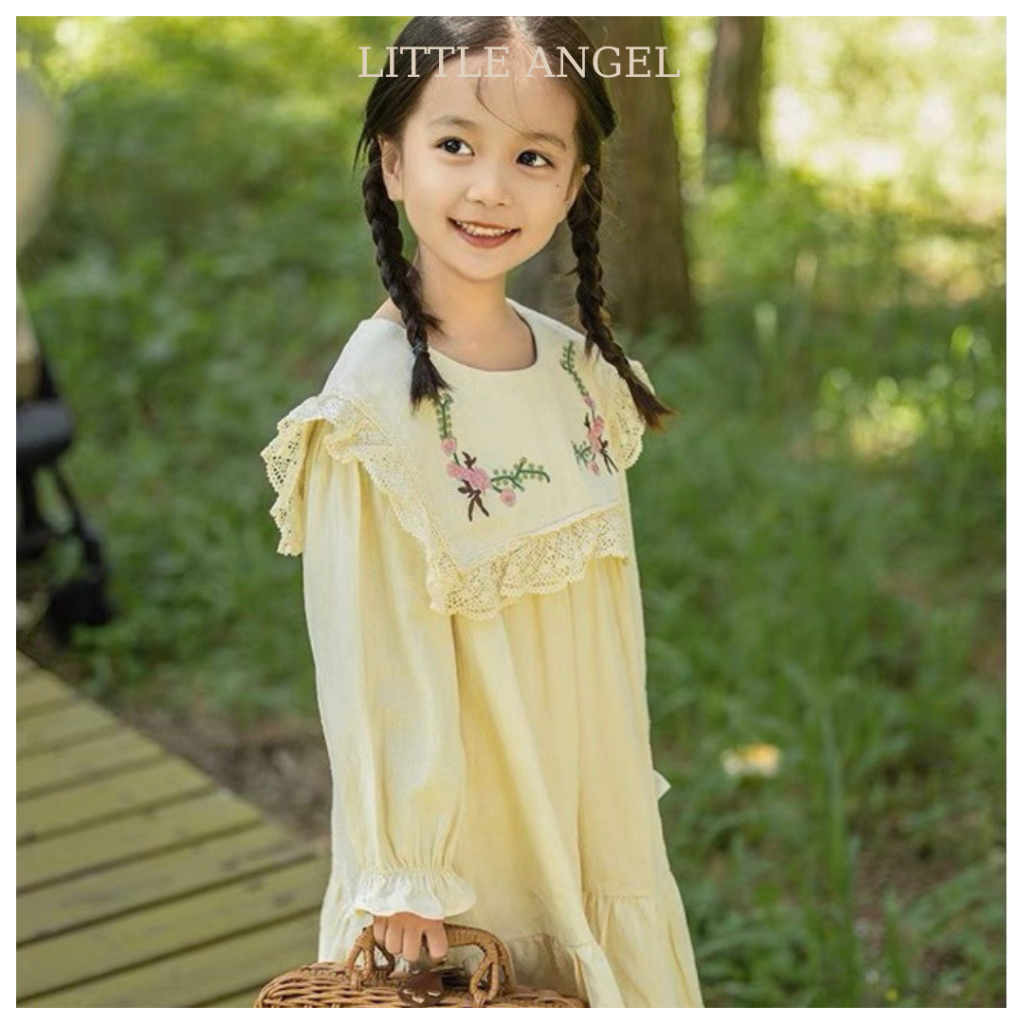 Váy đầm thiết kế thêu hoa mùa thu phong cách tiểu thư đáng yêu cho bé gái size 10-40kg