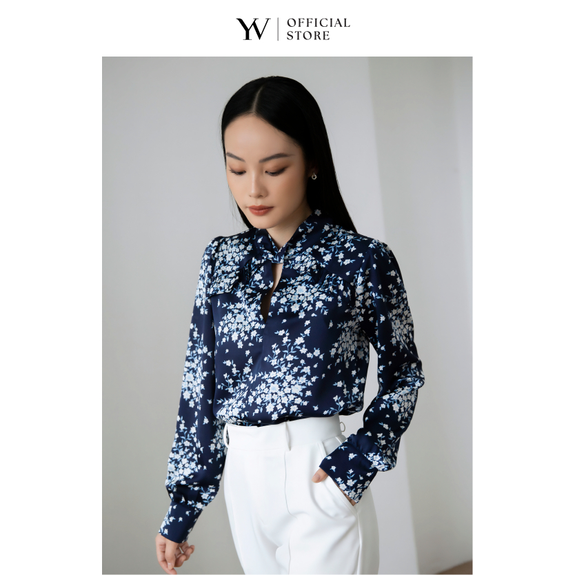Sơ mi lụa in hoa – xanh đen - YV LE & CO
