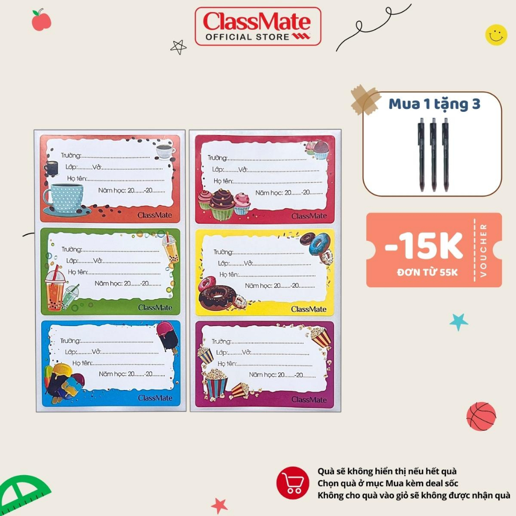 Nhãn Vở Có Keo Sẵn CLASSMATE Chất Liệu Bóng Nổi Bất, Họa Tiết Dễ Thương Sinh Động 15 Cái/Tập CL-NT205